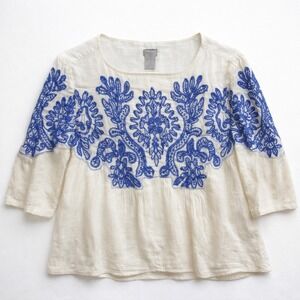 Chicos Blue Embroidered Beaded Gauze Blouse Cream Boho Top Sm 3/4 Sleeve Peasant